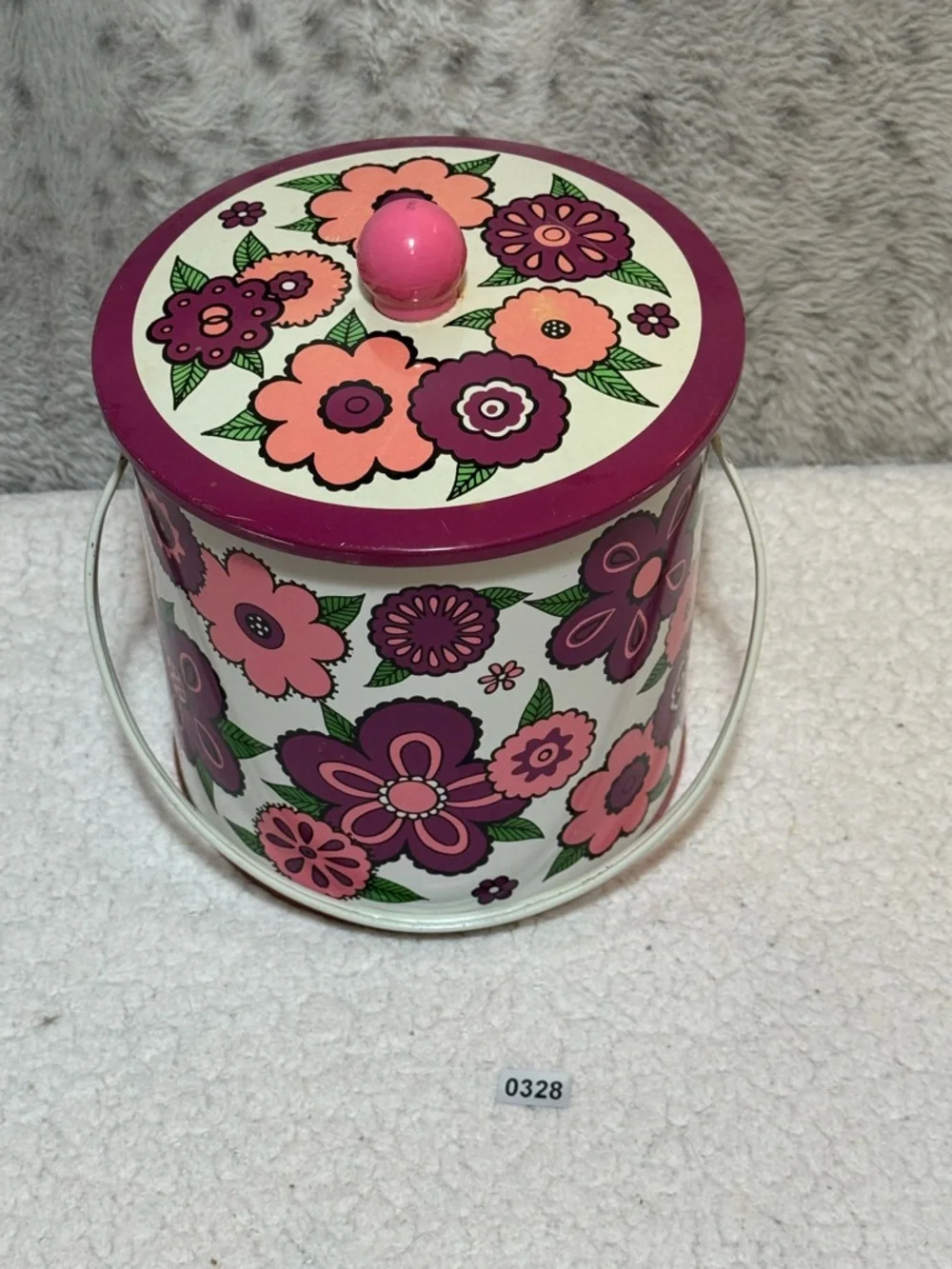 Vintage Baret Ware Metal Biscuit Tin Box Container Purple Pink Flowers